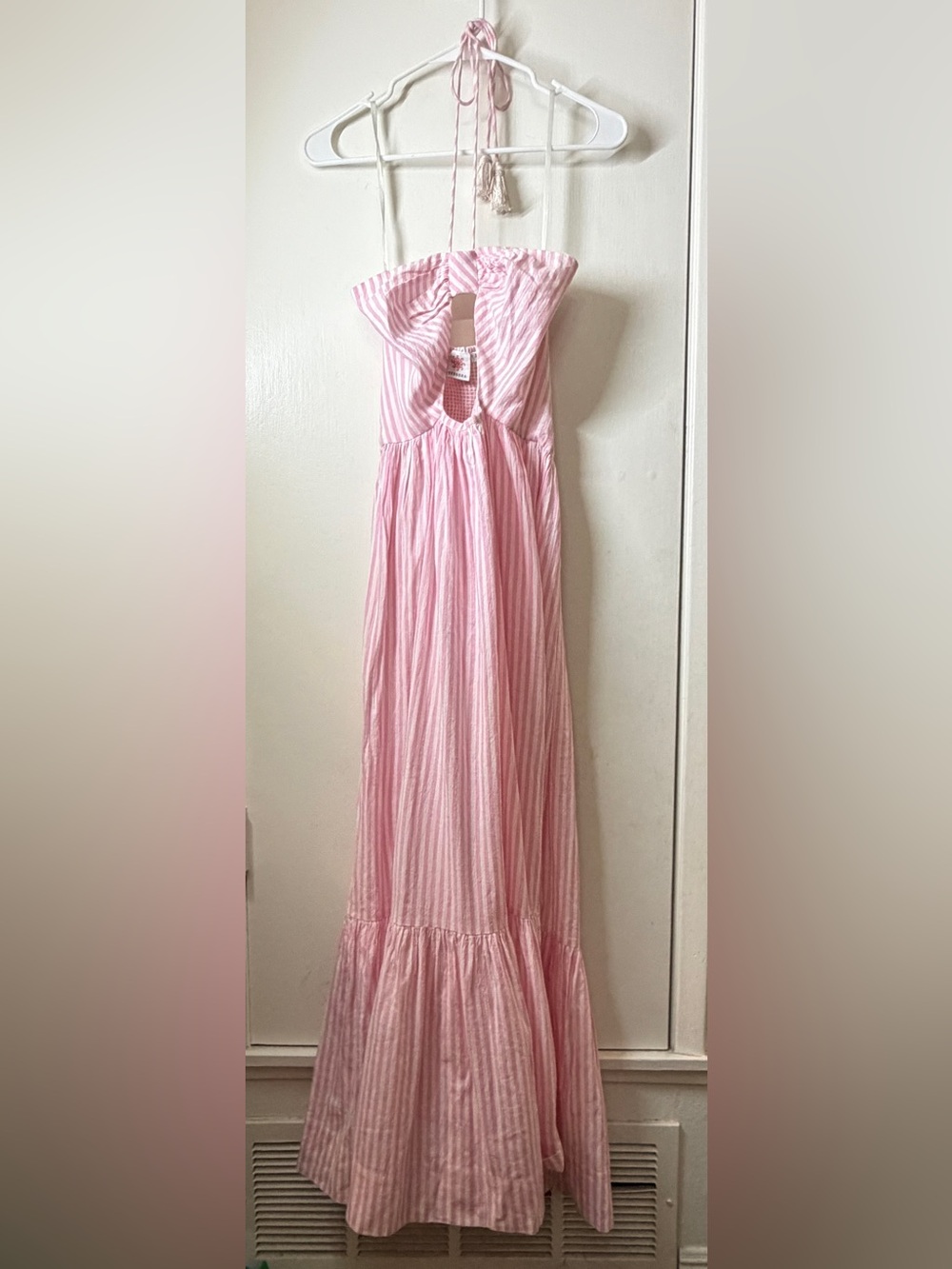 Tessora 100% Cotton Pink White Striped Preppy Cut Out Halter Maxi Dress Small - Picture 2 of 16